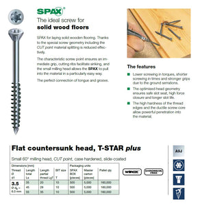 SPAX Indoor Solid Hardwood Timber Flooring Zinc Screw (TX10) 3.5mm Partial Thread w/Wirox Flat CSK Head. (35mm, 45mm & 55mm lengths).