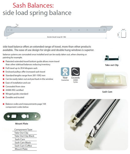 Sash Balances Buk Sash Balances Superboost Sash Balances Constant Force Balance Systems Sash Traveller & Balancer to repair/fix broken single & double-hung (vertical) sliding windows! Sash Cam. Take Out Clip. Mount Plate.