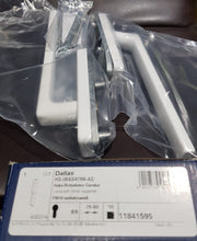 Load image into Gallery viewer, HOPPE Dallas #11841595 White (F9016) HS (Lift &amp; Slide) w/Euro Hole Cut-Out In/Out Handle Set w/Spindle Kit 10x128mm. PZ 69mm. Overall L:291mm x Lever L: 253mm x Plate W: 35mm Screw Centres: 80mm.